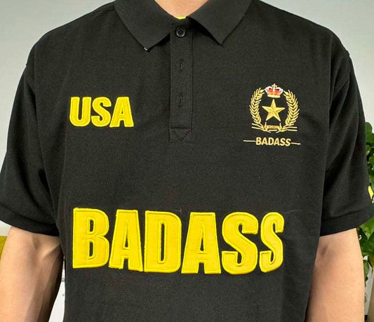 BADASS FASHION WEAR Polo Style, Black, Yellow , Gold, Luxury, USA Embroidery Shirt.