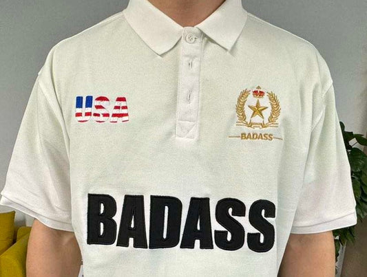 BADASS FASHION WEAR Polo Style, White / Black, Gold, Luxury, USA Embroidery Shirt.