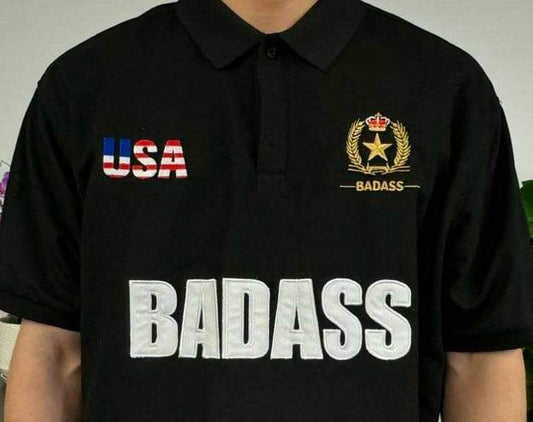 BADASS FASHION WEAR Polo Style Black / White Gold, Luxury, USA Embroidery Shirt.