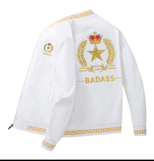 BADASS FASHION WEAR SPORT CASUAL, JACKET    Embroidery, White, Gold, Luxury,