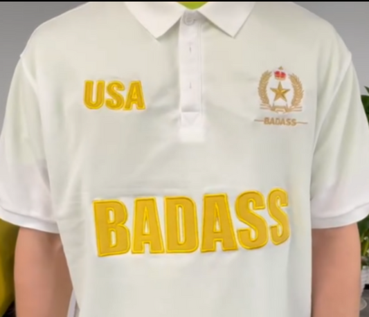 BADASS FASHION WEAR Polo Style, White,Yellow , Gold, Luxury, USA Embroidery Shirt.